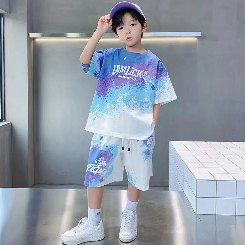Boys Loose Casual Sets Summer Teen Gradient T-shirts+Shorts 2Pcs Big Kids Sport Short Sleeve Clothes Suits Children Print