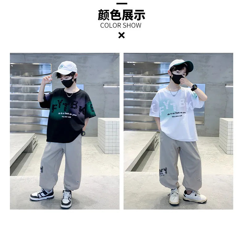 Teenager Boys Clothes Casual Outfit Kids Gradient Tracksuit Child t shirt + ankle tie pant - Boys Summer & Party Dresses