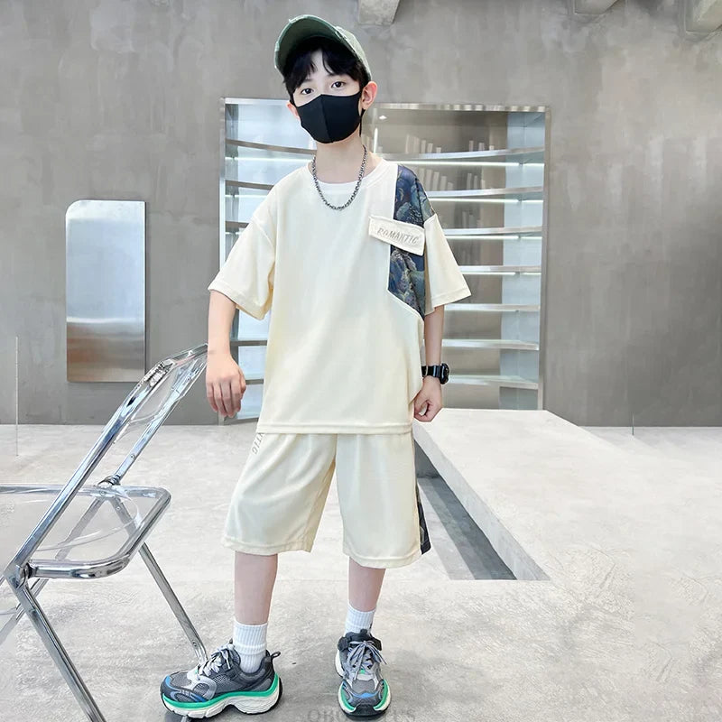 Boys Summer Suit Kids Short Sleeve T-Shirt Sports Casual Outfits for Teenage Boy Clothing Sets With Cartoon Bear - Boys