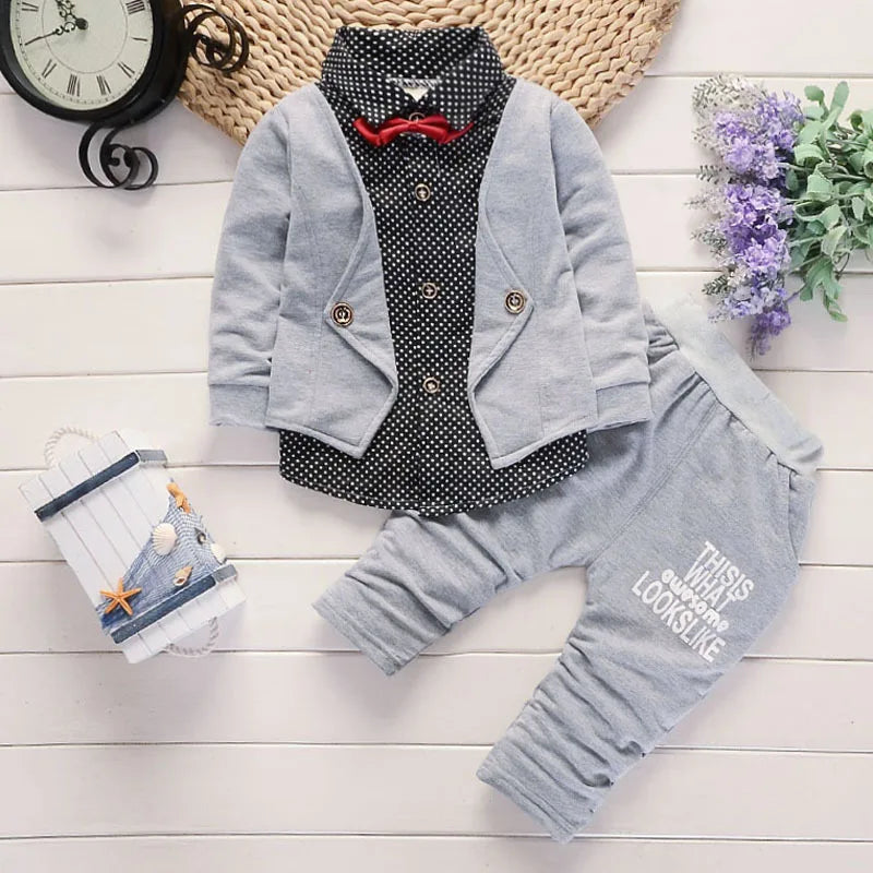 Spring and Autumn New Boys' Dot Colored Bow Knot Long Sleeve Pants Gentleman Two Piece Wedding Flower Children Polo Set for 1-5Y