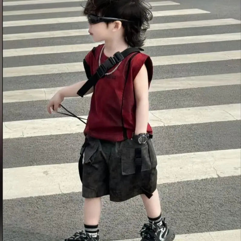 Summer Boys Loose Sleeveless Printed T-Shirt Tops + Hole Shorts Set Child Outfit Handsome Kids Clothes Boys 2-10Y Vest Suit