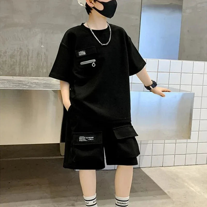 Summer Kids Boys T-Shirt+Shorts 2-Piece Set Letter Printing Children Teen Loose Comfortable Sports Casual Clothes 4-14 Years