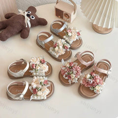Girls' Sandals Princess Shoes Flower Design Elegant Temperament Sandals 2025 Summer New Baby Soft Bottom Breahable Beach Shoes