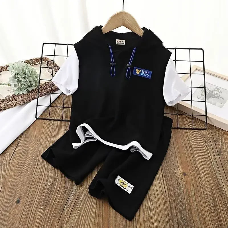 Summer Boy Clothes - Summer Baby Boy Clothes Set Hoodies T-shirts and Shorts Suit Children Girls Waffle Patchwork Top Bottom