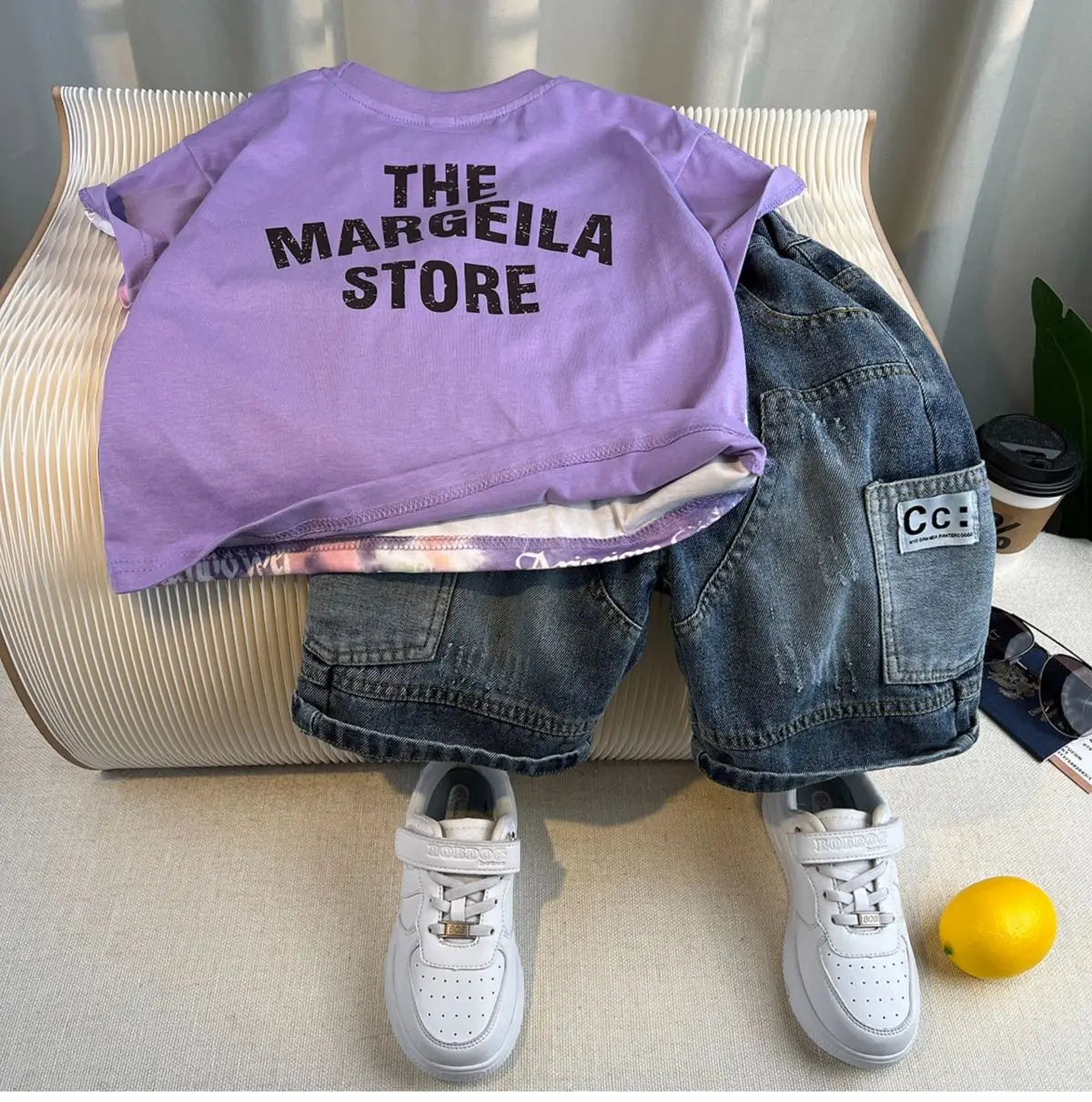 New Boys Fashion Summer Cotton Letter Printing T-shirts+Graffiti Denim Shorts 2pcs Set Kids Korean Outfits Sets Children