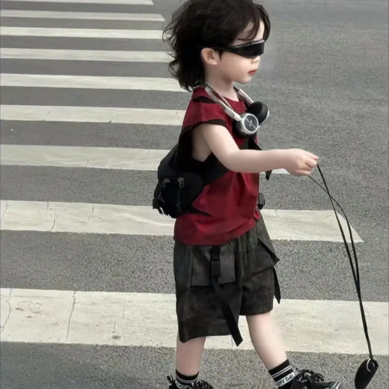 Summer Boys Loose Sleeveless Printed T-Shirt Tops + Hole Shorts Set Child Outfit Handsome Kids Clothes Boys 2-10Y Vest Suit