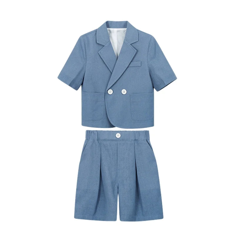 Kids Summer Short-Sleeved Wedding Suit Set Boys Blazer Pants Outfit Children's Piano Host Speech Performance Costume - Boys
