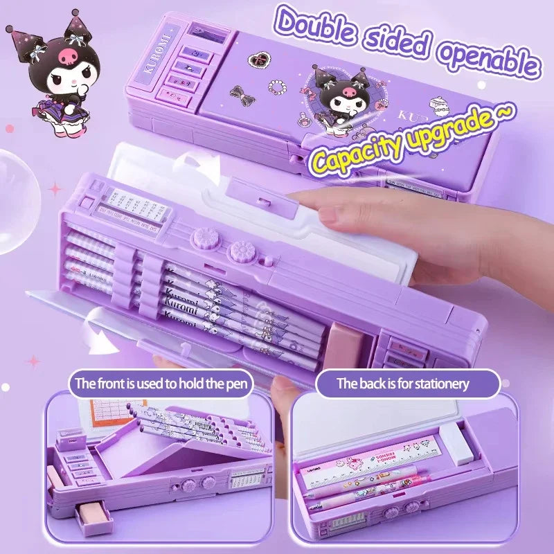 Sanrio Multifunction Stationery Box Kuromi Melody Cinnamoroll Bilayer Coded Lock Pencil Box Large Capacity Students Supply Gift