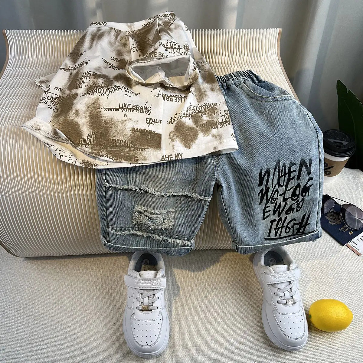 New Boys Fashion Summer Cotton Letter Printing T-shirts+Graffiti Denim Shorts 2pcs Set Kids Korean Outfits Sets Children