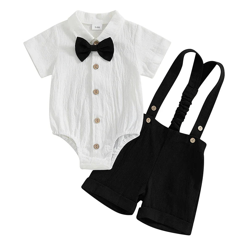 Toddler Boy Gentleman - Toddler Baby Boy Gentleman Outfit Solid Color Short Sleeve Lapel Neck Romper with Suspender Shorts