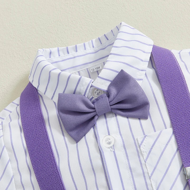 Boy Gentleman Outfit Vertical Stripe Print Short Sleeves Shirt with Bow Tie and Suspender Shorts Set for Formal Wear - Boys