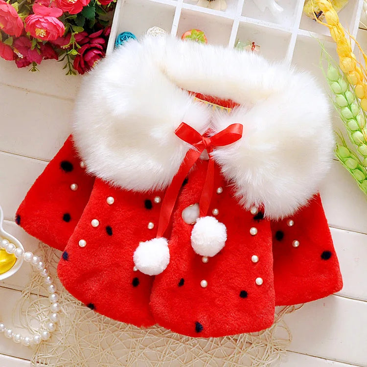 Girls Winter Fleece Cape Cloak with Faux Fur Collar Polka Dot Pearl Bowknot Warm Poncho Coat for Toddler Baby Girl Autumn Outerw
