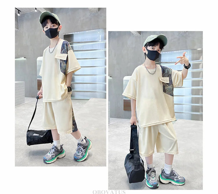 Boys Summer Suit Kids Short Sleeve T-Shirt Sports Casual Outfits for Teenage Boy Clothing Sets With Cartoon Bear - Boys