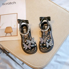 Kids Roman Sandals 2024 New Girls'  Princess Shoes with Butterfly Girl Fashion Sweet Pearl Beach Shoes with Back Knot Anti Slip