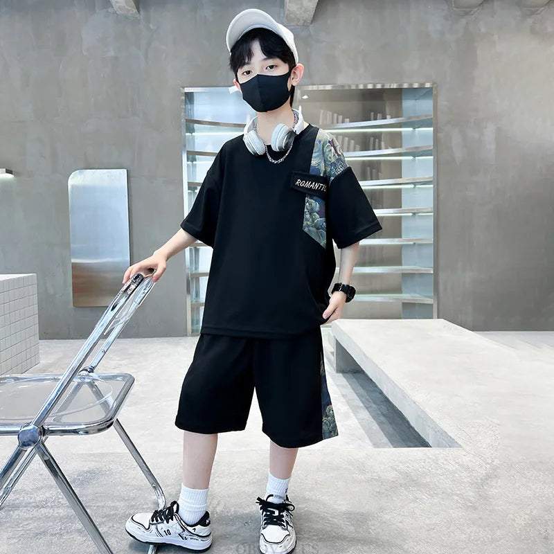 Boys Summer Suit Kids Short Sleeve T-Shirt Sports Casual Outfits for Teenage Boy Clothing Sets With Cartoon Bear - Boys