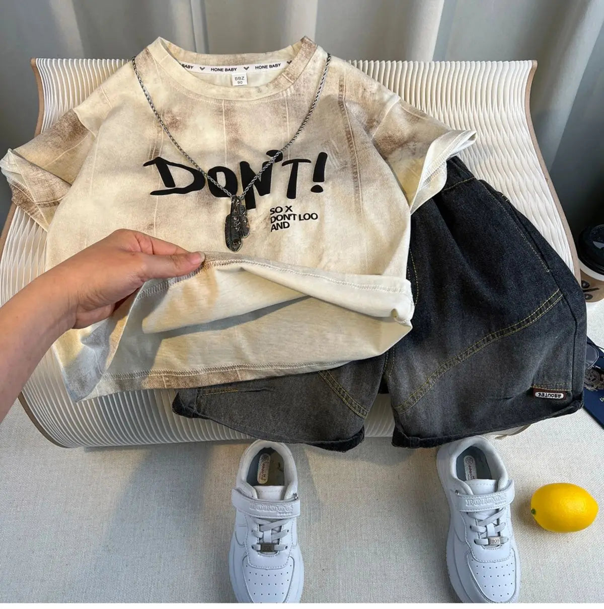 New Boys Fashion Summer Cotton Letter Printing T-shirts+Graffiti Denim Shorts 2pcs Set Kids Korean Outfits Sets Children