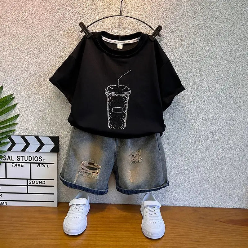 Korean Boys Summer Children's Top and Bottom 2PC Sets Short Sleeve T-Shirt & Denim Shorts Kids Clothes 1-7 Years Black