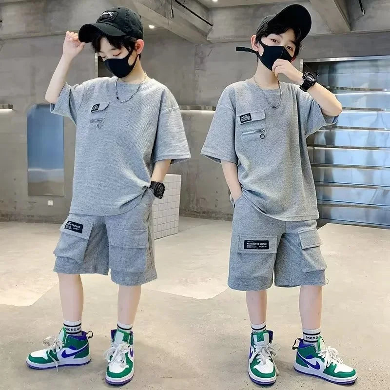 New Boys Sport Clothing Sets Summer Big Kids Loose Clothes Suit Short Sleeve Tops+Shorts 2Pcs Children Fashion Handsome