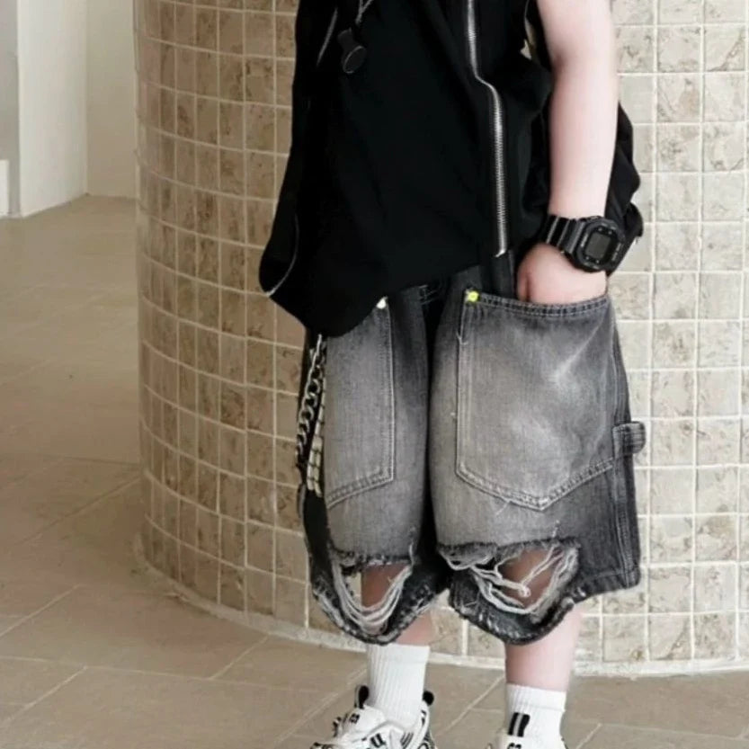 Boys Korean Vintage - Boys' Korean Vintage Distressed Jeans 100% Cotton Streetwear Kids' Trendy Outfit - Boys Summer & Party