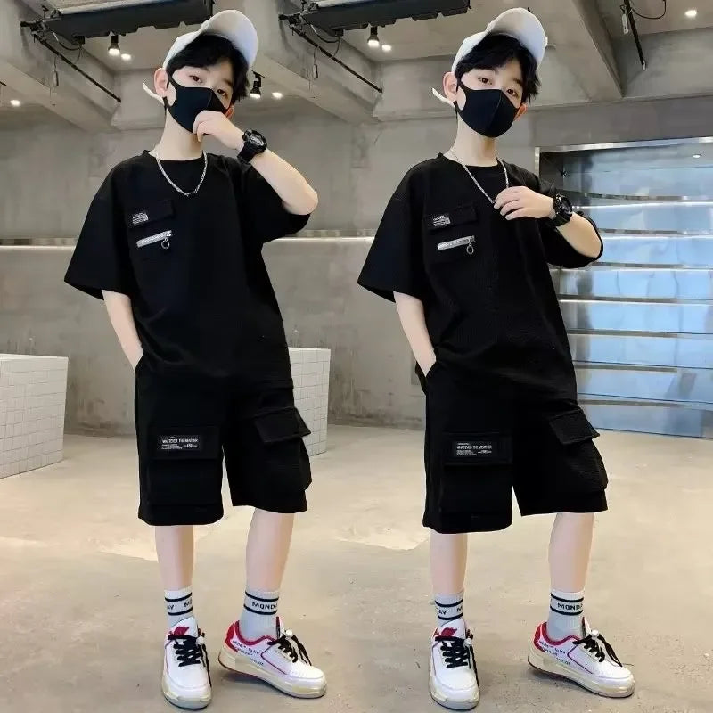 Summer Kids Boys T-Shirt+Shorts 2-Piece Set Letter Printing Children Teen Loose Comfortable Sports Casual Clothes 4-14 Years