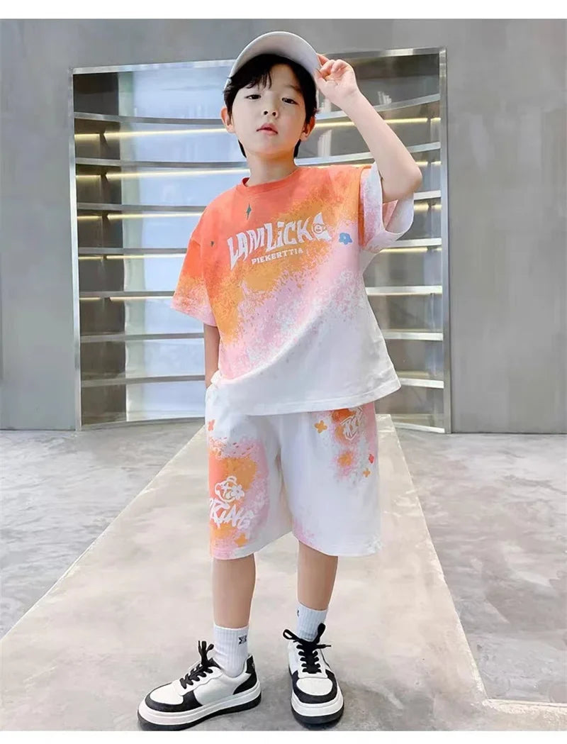 Boys Loose Casual Sets Summer Teen Gradient T-shirts+Shorts 2Pcs Big Kids Sport Short Sleeve Clothes Suits Children Print