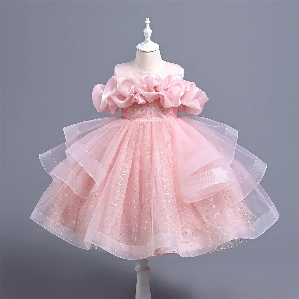 New Girl's Wedding Evening Dress Petal Sequin Mesh Sleeveless Dress Birthday Party School Graduation Party Dress