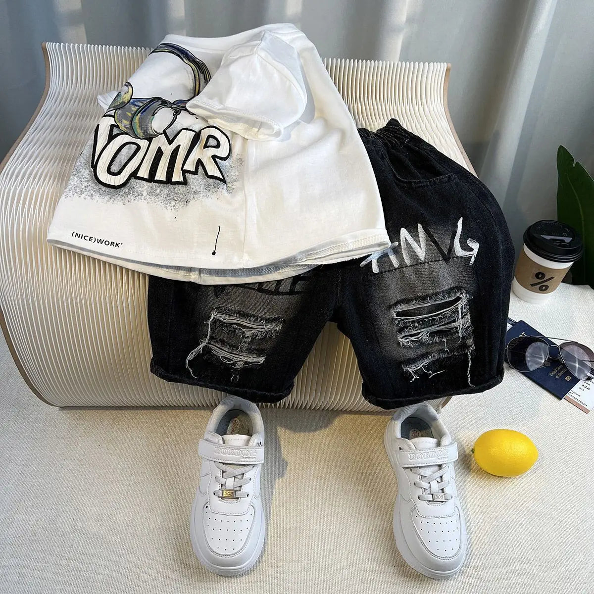 Korean Boys Summer Children's Top and Bottom 2PC Sets Short Sleeve T-Shirt & Denim Shorts Kids Clothes 1-7 Years Black