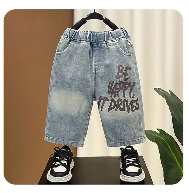 Boys Summer Clothing Set New Handsome Children's Short Sleeved Clothes Trendy Baby T-shirt Jeans Thin Two-piece Set - Boys