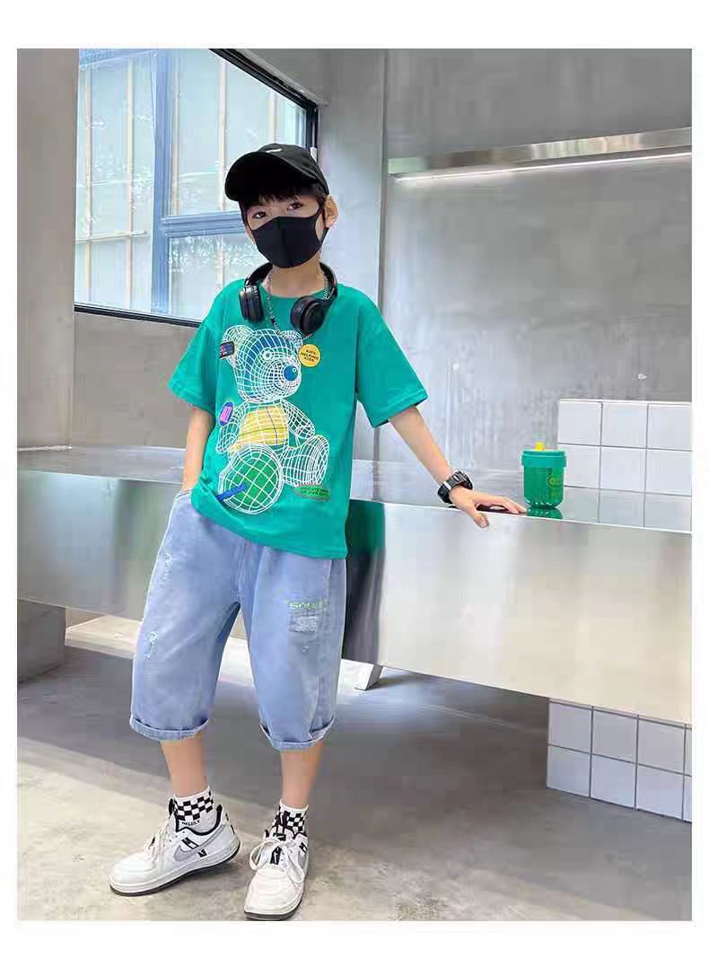 Colorful Bear Print Children's Short-sleeved T-shirt Boys loose Off-shoulder Fashion Dress - T-shirt Set - Baby's World