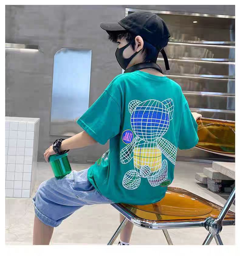 Colorful Bear Print Children's Short-sleeved T-shirt Boys loose Off-shoulder Fashion Dress - T-shirt Set - Baby's World