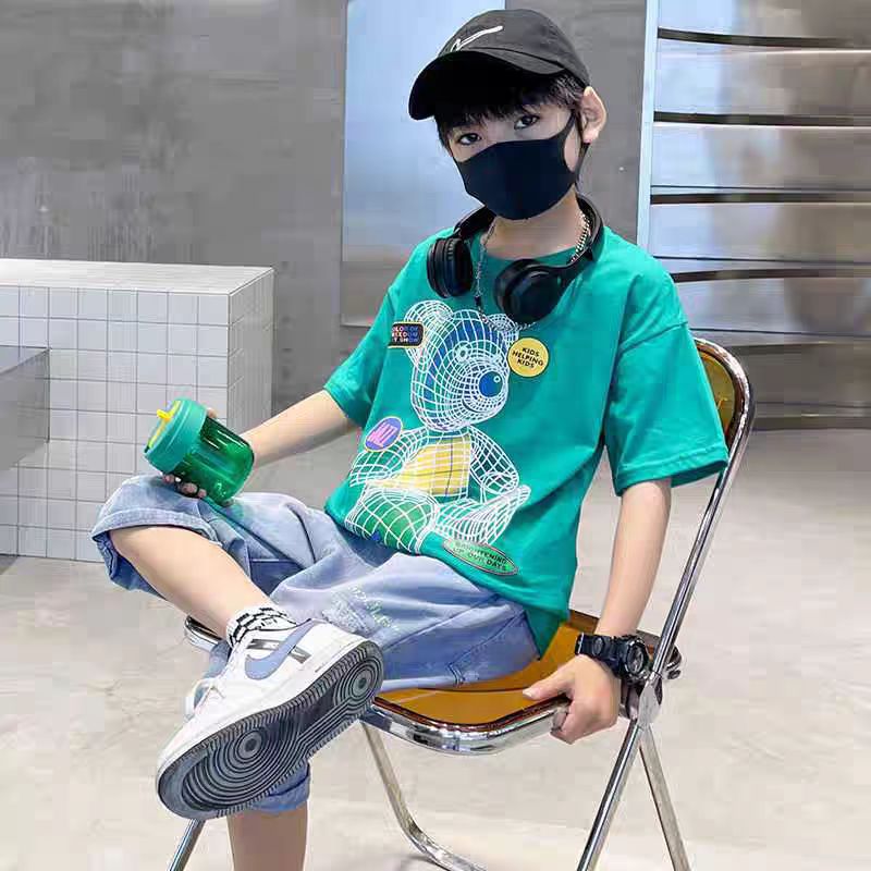 Colorful Bear Print Children's Short-sleeved T-shirt Boys loose Off-shoulder Fashion Dress - T-shirt Set - Baby's World