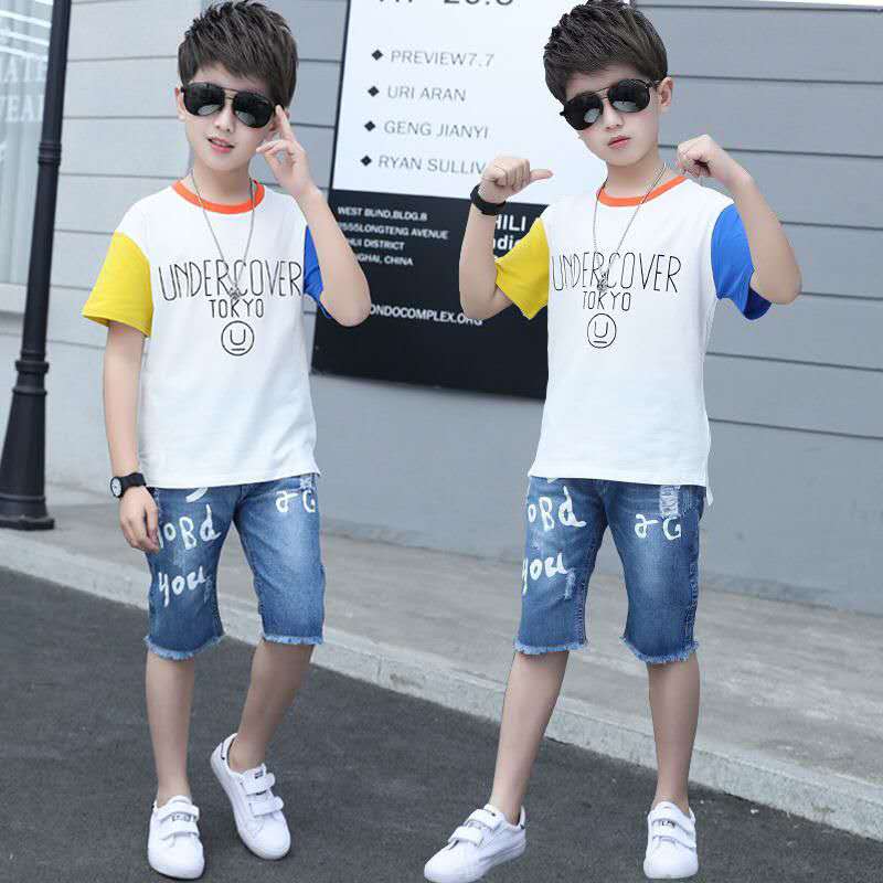 Summer Clothing For Boys Short Sleeve Sets Fashion Letters Patchwork Print Top & Pants 2 Piece Suits Children Outfits