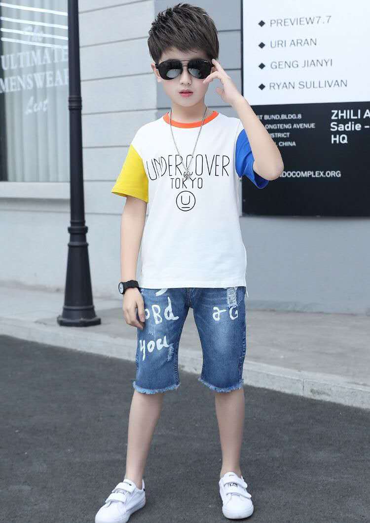 Summer Clothing For Boys Short Sleeve Sets Fashion Letters Patchwork Print Top & Pants 2 Piece Suits Children Outfits