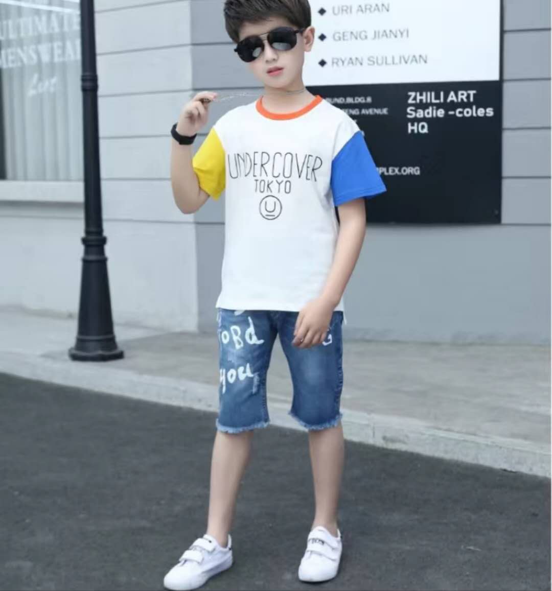 Summer Clothing For Boys Short Sleeve Sets Fashion Letters Patchwork Print Top & Pants 2 Piece Suits Children Outfits