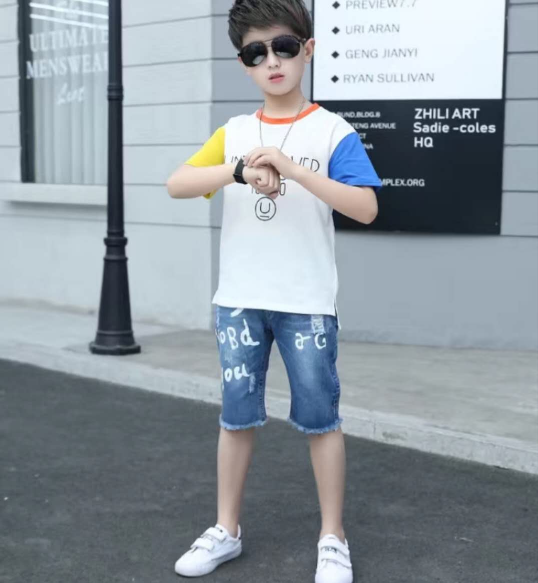 Summer Clothing For Boys Short Sleeve Sets Fashion Letters Patchwork Print Top & Pants 2 Piece Suits Children Outfits