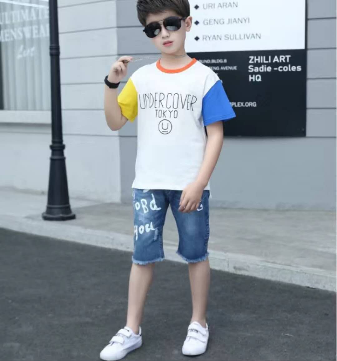 Summer Clothing For Boys Short Sleeve Sets Fashion Letters Patchwork Print Top & Pants 2 Piece Suits Children Outfits