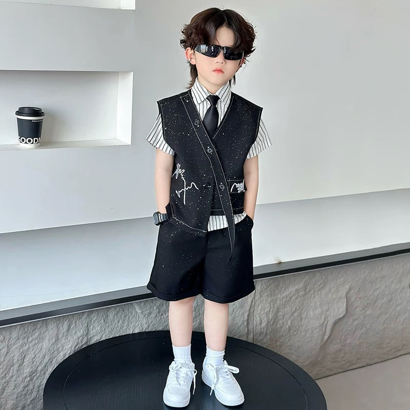 Spring Boy Retro Stripes TShirt+Pants Shorts+Vest Kid Children baby Gentleman Handsome Streetwear Party Clothes - Boys