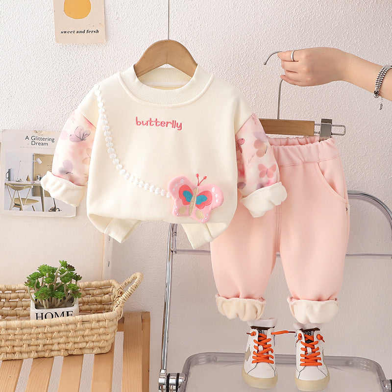 Girls' Fleece-lined Thickened Butterfly Sweater Suit