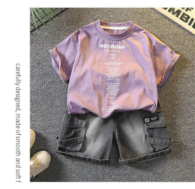 Baby Boys Summer Clothes Fashion Crew Neck Children Tracksuit Letter Printed T-shirt Denim Shorts 2pcs Suit Kids Outfit