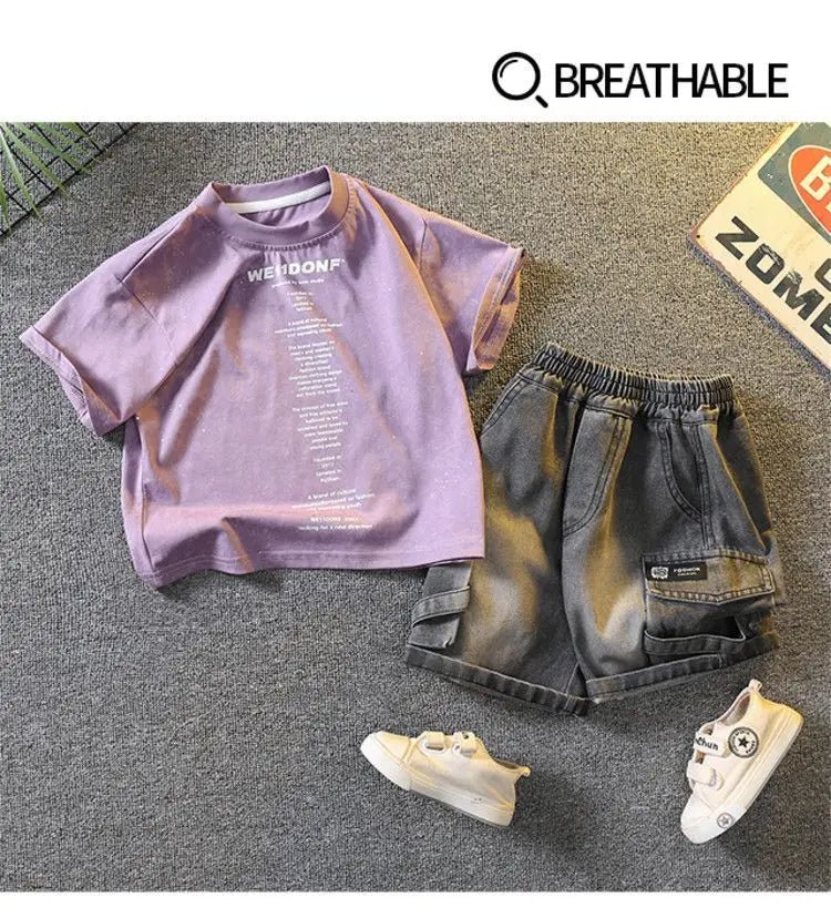 Baby Boys Summer Clothes Fashion Crew Neck Children Tracksuit Letter Printed T-shirt Denim Shorts 2pcs Suit Kids Outfit