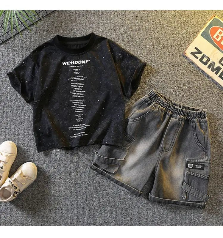 Baby Boys Summer Clothes Fashion Crew Neck Children Tracksuit Letter Printed T-shirt Denim Shorts 2pcs Suit Kids Outfit