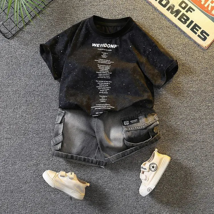 Baby Boys Summer Clothes Fashion Crew Neck Children Tracksuit Letter Printed T-shirt Denim Shorts 2pcs Suit Kids Outfit