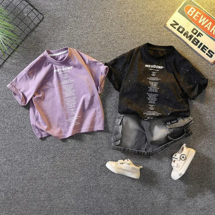 Baby Boys Summer Clothes Fashion Crew Neck Children Tracksuit Letter Printed T-shirt Denim Shorts 2pcs Suit Kids Outfit
