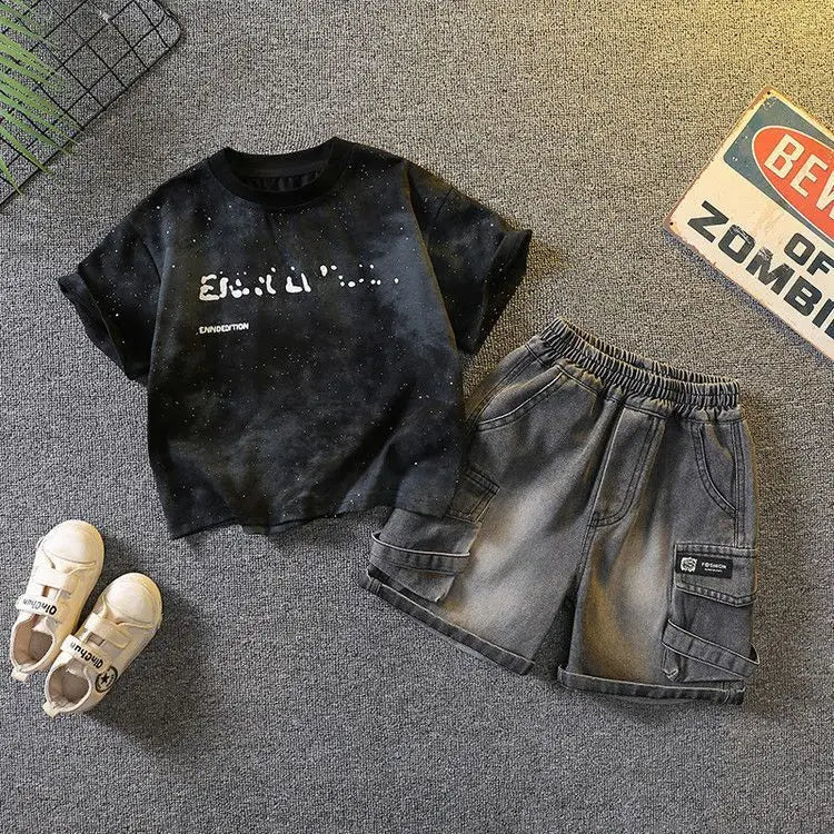 Baby Boys Summer Clothes Fashion Crew Neck Children Tracksuit Letter Printed T-shirt Denim Shorts 2pcs Suit Kids Outfit