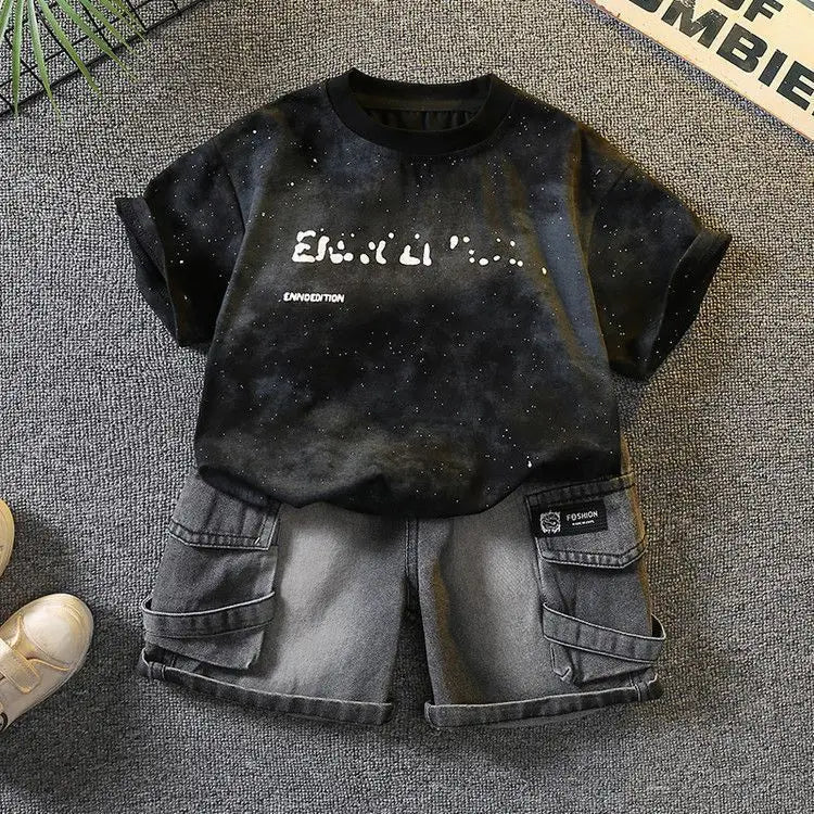 Baby Boys Summer Clothes Fashion Crew Neck Children Tracksuit Letter Printed T-shirt Denim Shorts 2pcs Suit Kids Outfit