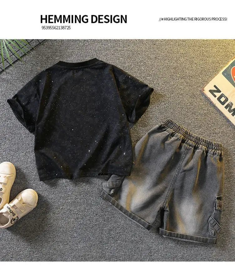 Baby Boys Summer Clothes Fashion Crew Neck Children Tracksuit Letter Printed T-shirt Denim Shorts 2pcs Suit Kids Outfit