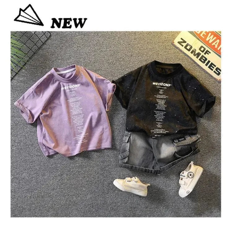 Baby Boys Summer Clothes Fashion Crew Neck Children Tracksuit Letter Printed T-shirt Denim Shorts 2pcs Suit Kids Outfit