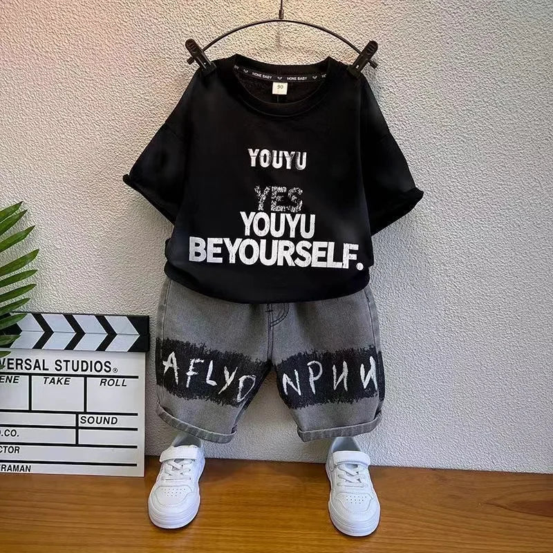 Baby Boys Summer Clothes Fashion Letter Short Sleeve T-Shirt Jeans Pants 2pcs Korean Kids Sport Set Kids Outfits - Boys