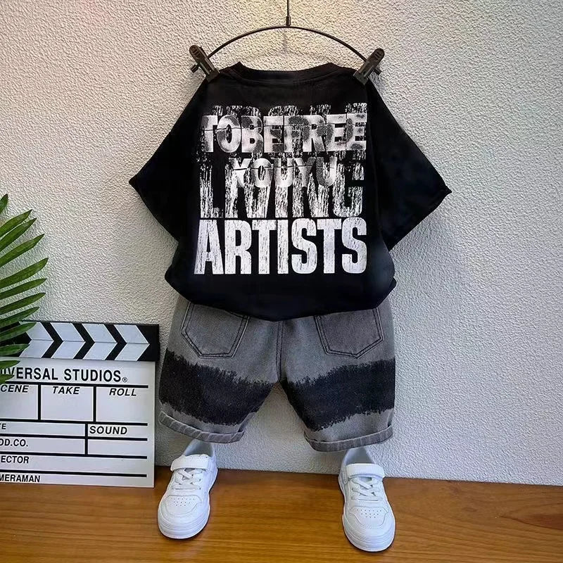 Baby Boys Summer Clothes Fashion Letter Short Sleeve T-Shirt Jeans Pants 2pcs Korean Kids Sport Set Kids Outfits - Boys
