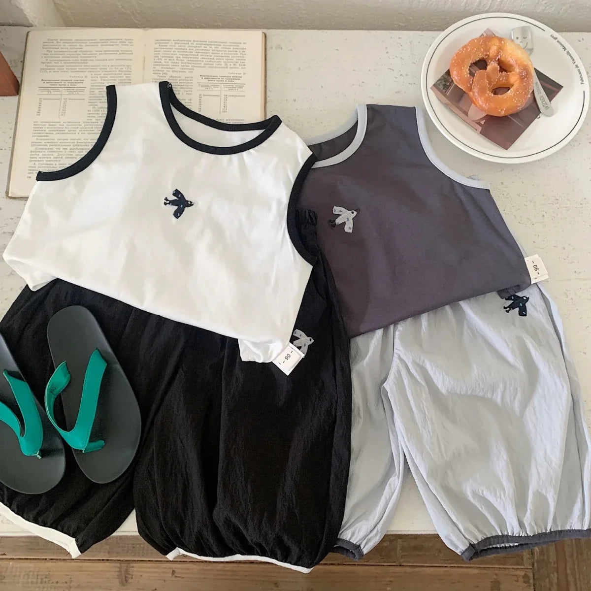 Baby Boys Summer Vest Sets Bird Embroidery Top+Elastic Waist Short Kids Boys Two-piece Suit Loose Thin Toddler Boys Sport